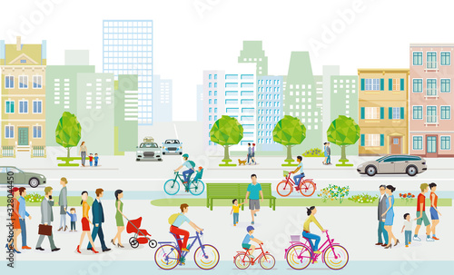 City with pedestrians and families on the sidewalk