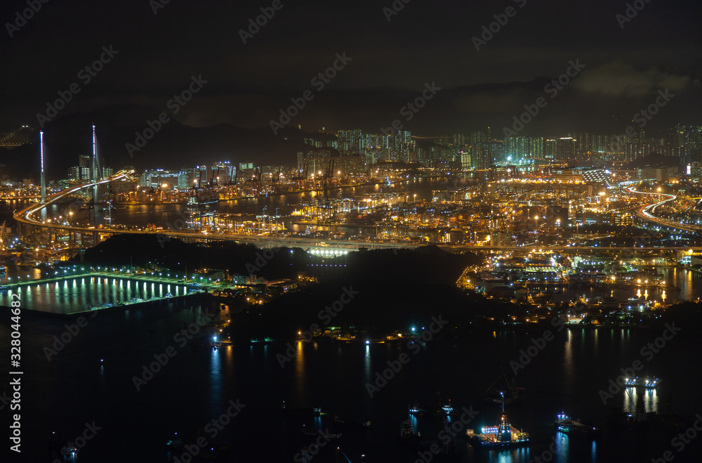 Container port modern Hong Kong city with bright illumination