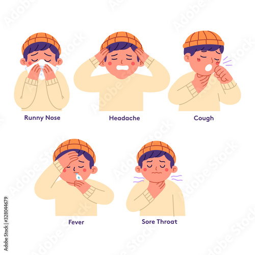 vector illustration characters of children experiencing symptoms due to fever, flu, bacteria or viruses, a child who has symptoms of decreased endurance due to viruses or infections in the form of cou