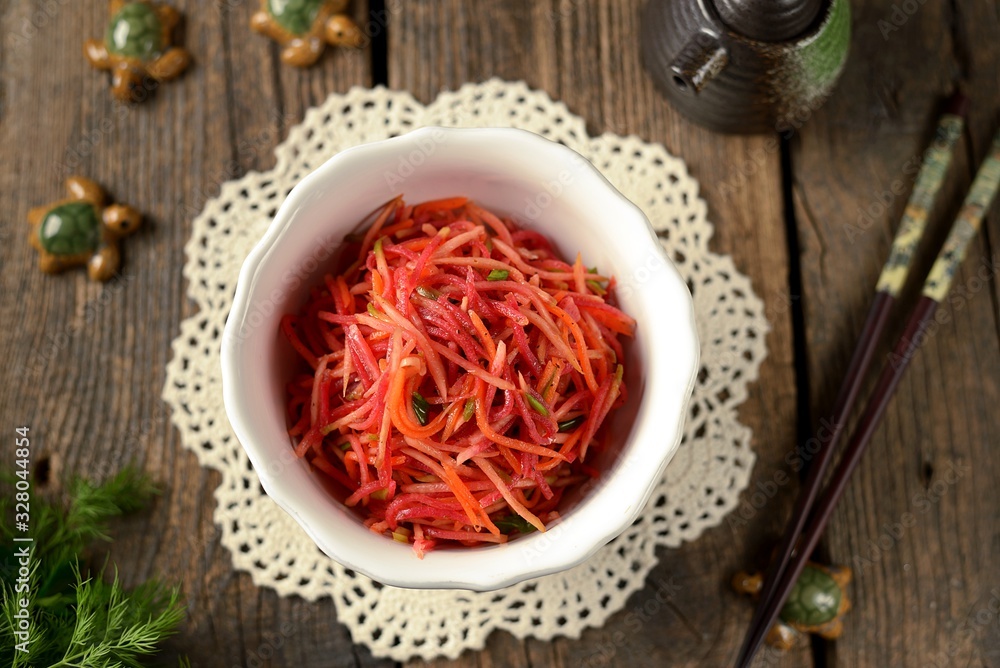 Pickled beets with radish and carrots. Asian spicy appetizer. Pickled beets with radish and carrots. Asian spicy appetizer.