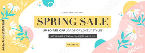 UP TO 45% Off for Spring Sale Header or Banner Design Decorated with Daisy Flowers and Leaves. photo