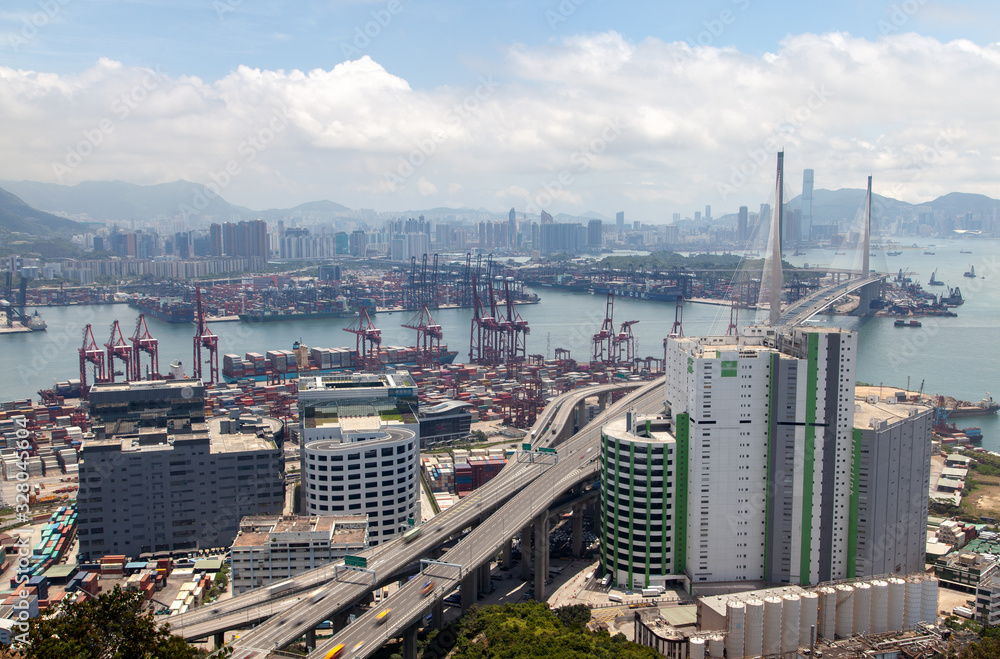 Container port modern Hong Kong industrial district with sea