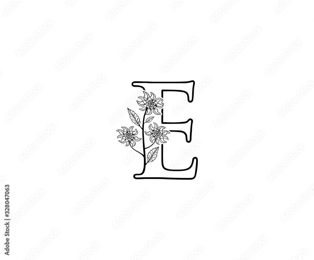 Minimalist E letter Logo Icon with Beautiful leaves and flower line hand drawn . Minimalist E letter Logo Icon with Beautiful leaves and flower line hand drawn .