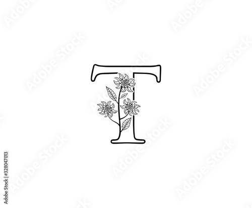 Minimalist T letter Logo Icon with Beautiful leaves and flower line hand drawn .