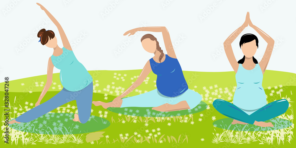Three pregnant girls doing yoga in the Park