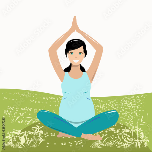 Happy pregnant woman doing yoga in the Park