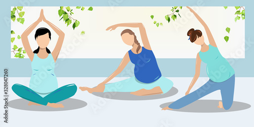 Pregnant girls do yoga in the gym