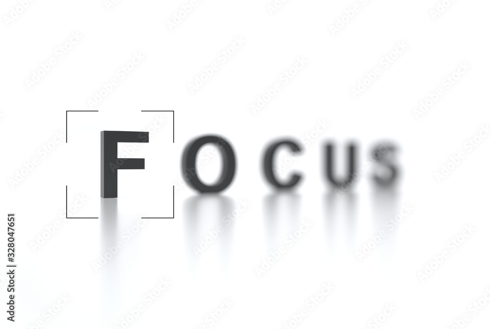 The word FOCUS with focus in the foreground and a blurred background. Interface viewfinder. Video camera focusing screen. Camera frame. Creative conceptual illustration with copy space. 3D render The word FOCUS with focus in the foreground and a blurred background. Interface viewfinder. Video camera focusing screen. Camera frame. Creative conceptual illustration with copy space. 3D render