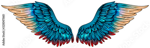 Magic beautiful glowing turquoise wings with beige and red feathers, vector