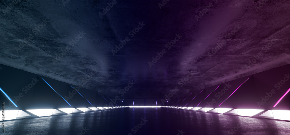 Empty Elegant Spaceship Modern Sci Fi Futuristic Long Dark Grunge Concrete Corridor With Blue Purple Neon Bright Lights And Blue Green Stripes Background 3D Rendering