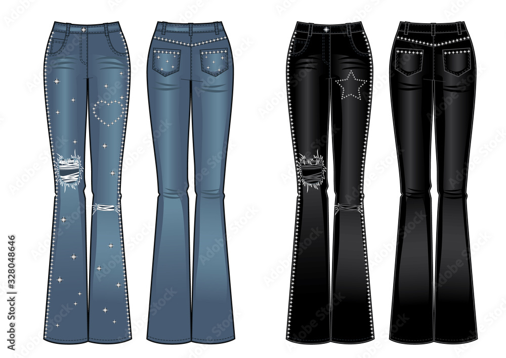 flared jeans with rhinestones, front and back flared jeans with rhinestones, front and back