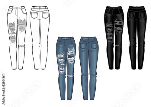 Set of women's jeans. Vector illustration.