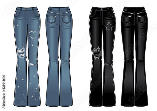 flared jeans with rhinestones, front and back