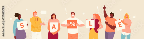 Happy group of people advertising discounts and sales. Vector illustration, banner