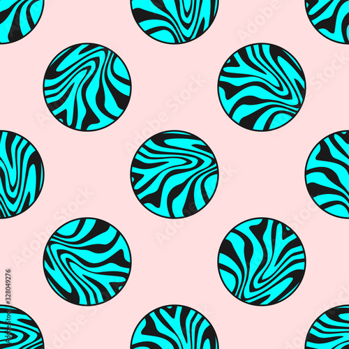 Stylish seamless print with circles with a marble pattern. Modern vector illustration.