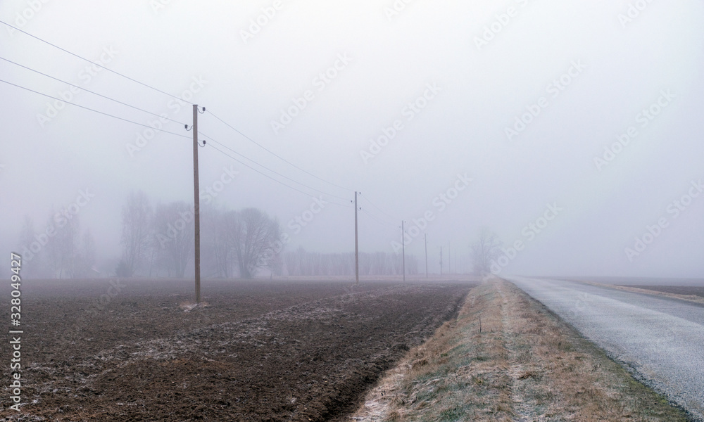 fog landscape with road and electricity poles