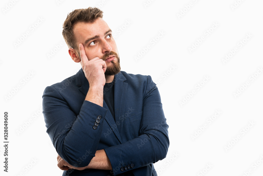 Business man wearing smart casual clothes making thinking gesture Business man wearing smart casual clothes making thinking gesture