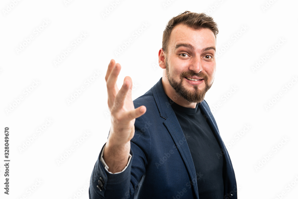 Business man wearing smart casual clothes talking at camera Business man wearing smart casual clothes talking at camera