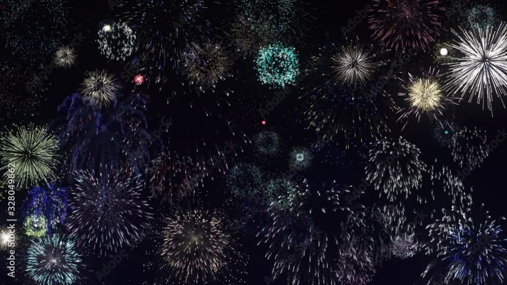 Fireworks in the night blue sky, endless explosions of colorful fireworks. Beautiful holiday pyrotechnic show. Loop seamless 4K realistic animation Fireworks in the night blue sky, endless explosions of colorful fireworks. Beautiful holiday pyrotechnic show. Loop seamless 4K realistic animation