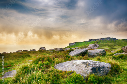 Fantastic view in the national park "Peak District" on the sunset in Summer