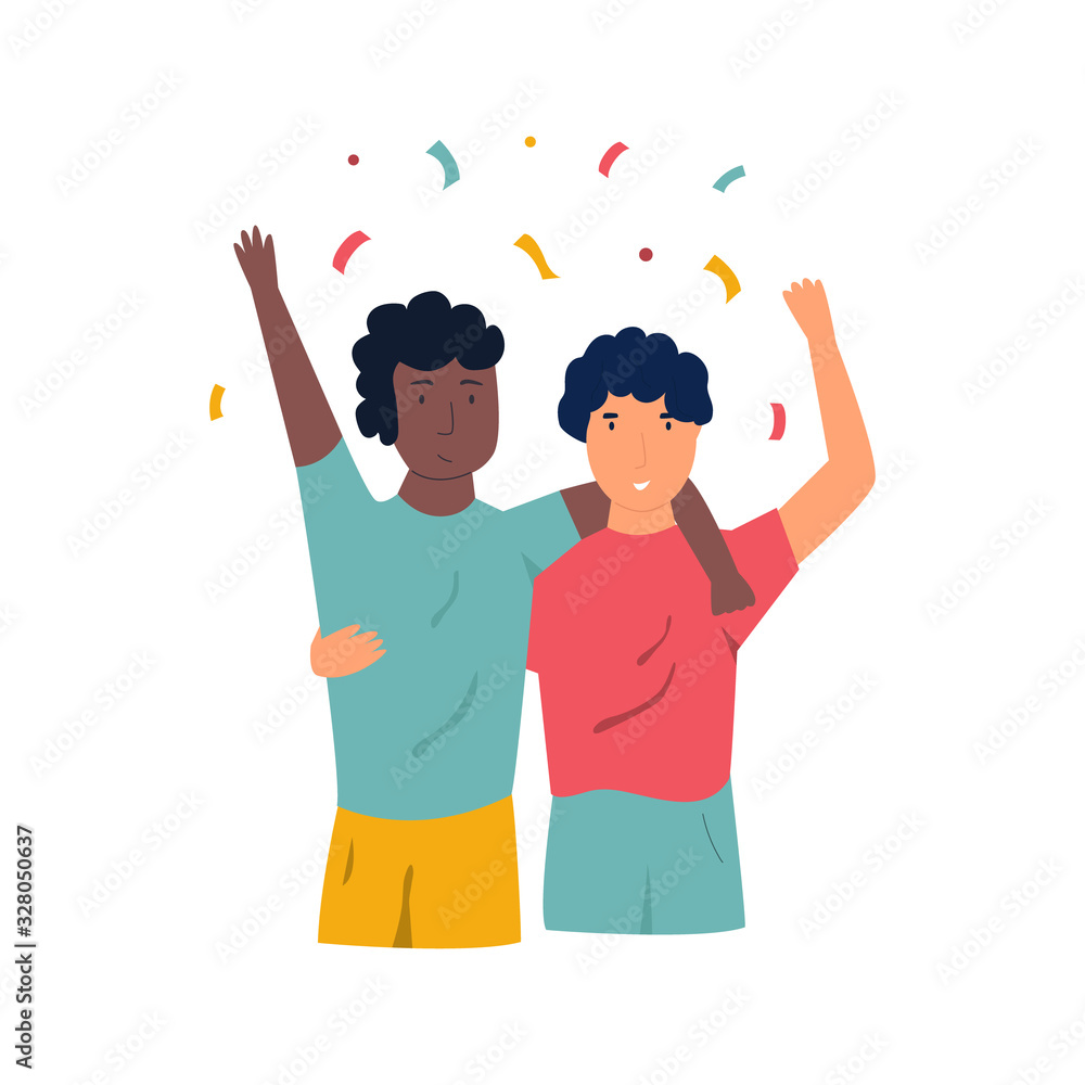 Happy football players celebrating victory. Flat vector Happy football players celebrating victory. Flat vector