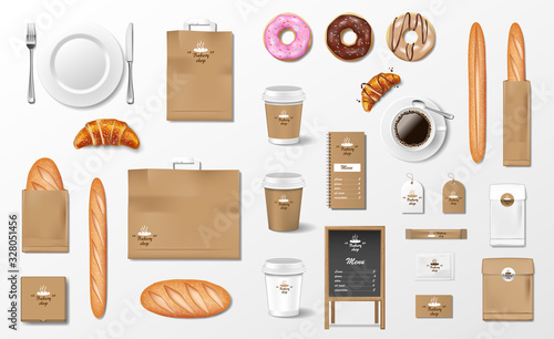 Mockup for Bakery shop, Cafe, restaurant Brand identity. Realistic Bakery package mockup cup, pack, baguette, croissant, paper bag, baked bread and loaf isolated. Vector