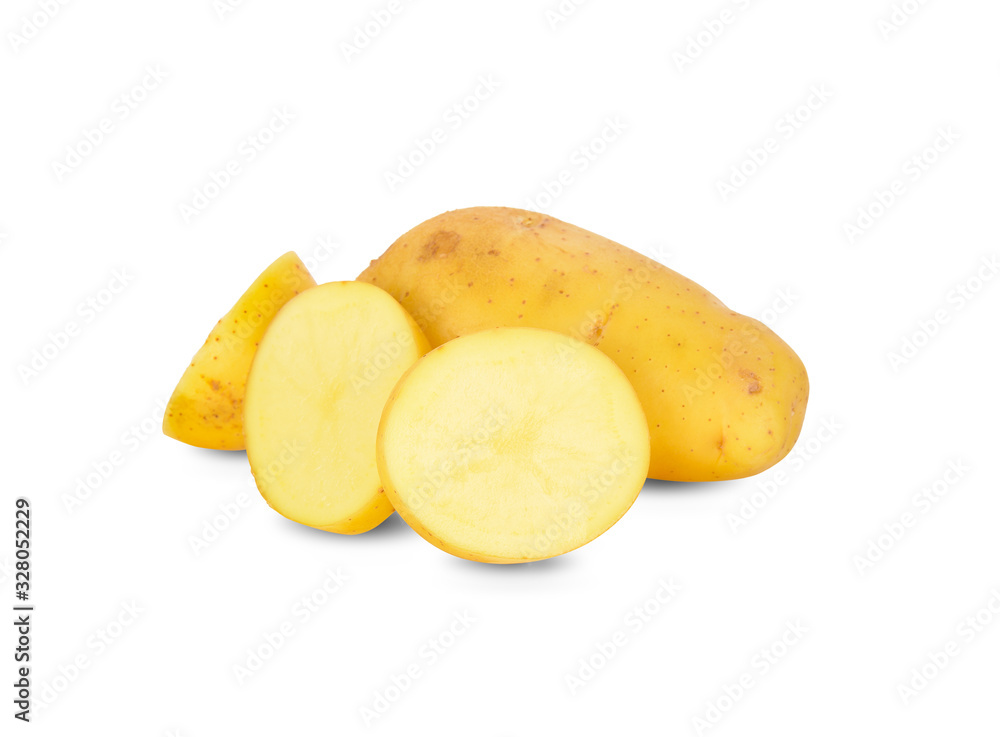 whole and sliced unpeeled fresh potato on white background
