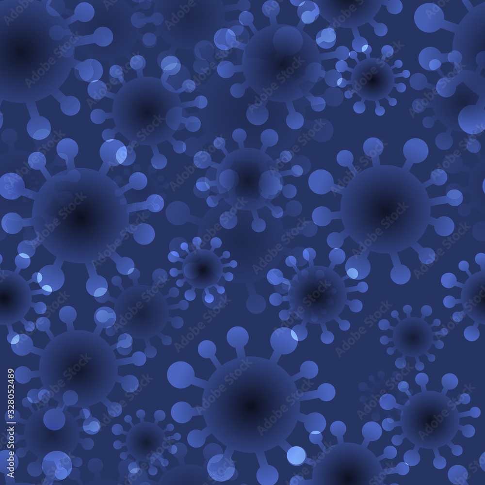 Seamless pattern on the theme of the spread of coronavirus. Blue background. Can be used to create banners and web designs. A pandemic of a viral infection.