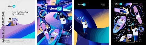 Science fiction.Innovate future technology for business! Set of posters businessmen work artificial intelligence, man use neural networks, people virtual communications. Vector illustration for poster