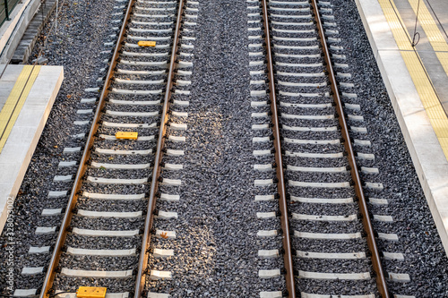 Obraz na plátně Empty railway tracks, high-speed train tracks, view from above