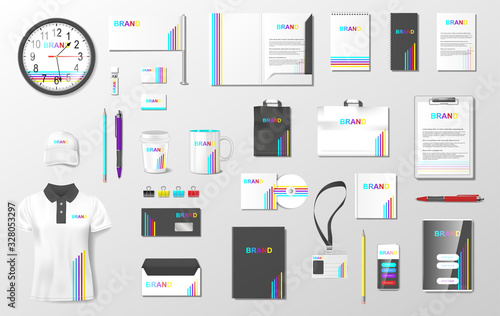 Corporate identity template mockup. Realistic Business Stationery mockup for shop. Brand Fresh color abstract geometric design on uniform, pack. Vector illustration