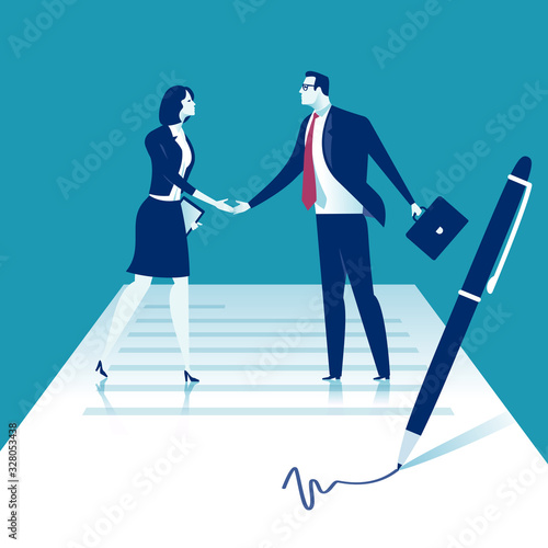 Agreement. Business people shaking hands standing on a signed contract. Business vector illustration