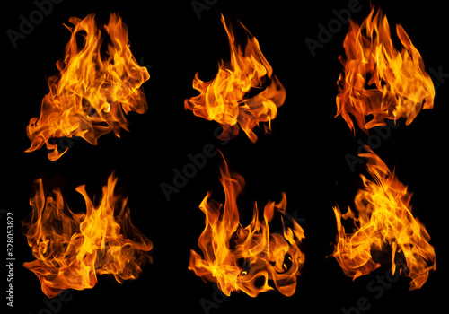 Fire collection set of flame burning isolated on dark background for graphic design purpose