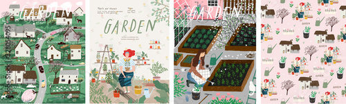 Garden! Set of posters landscape spring farm village, young girl with potted plant, woman cares for garden, grows organic vegetables and herbs. Vector illustration for card, postcard or poster
