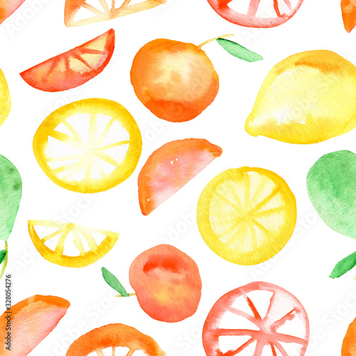 Fototapeta Naklejka Na Ścianę i Meble -  Watercolor seamless pattern with juicy citrus. Lemon, orange, lime fruits. Suitable for kids apparel, web design, posters, fabric, wrapping paper. Digital paper.