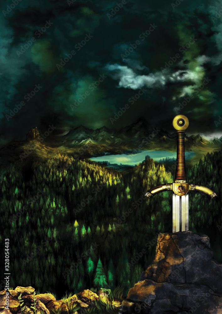 Sword and a kingdom/ Illustration a sword in a stone, fantasy landscape ...
