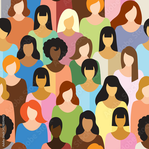 the seamless pattern depicts women of different nationalities, hair color, and skin color.  		conventional flat drawing, the local colour spots. stock vector illustration. EPS 10.