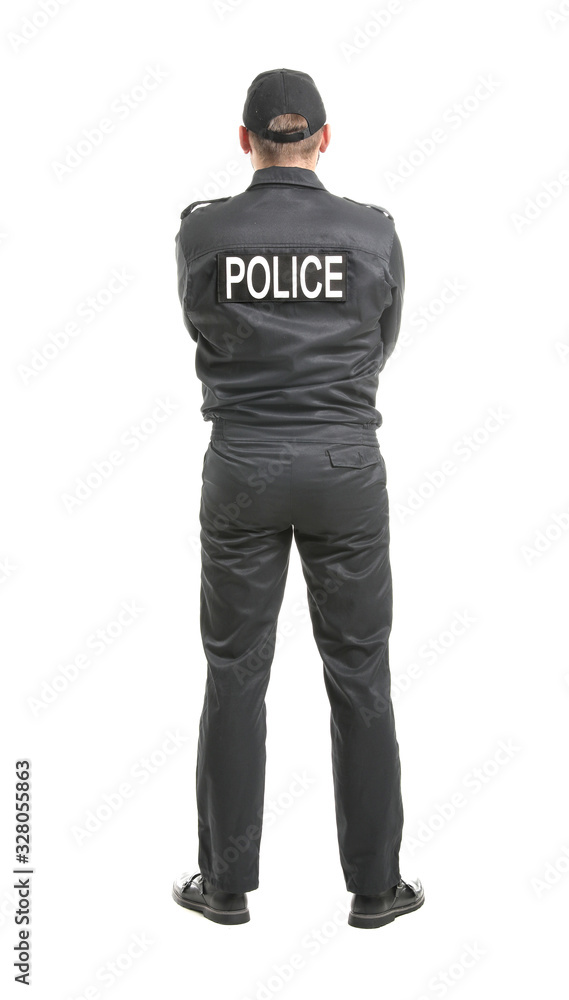 Male police officer on white background, back view Male police officer on white background, back view