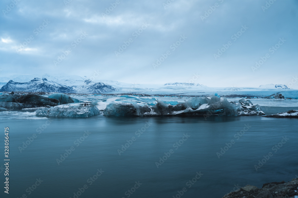 Jokulsarlon Glacier Lagoon in Iceland. Icelandic Cold Winter. Beautiful Nature Background.