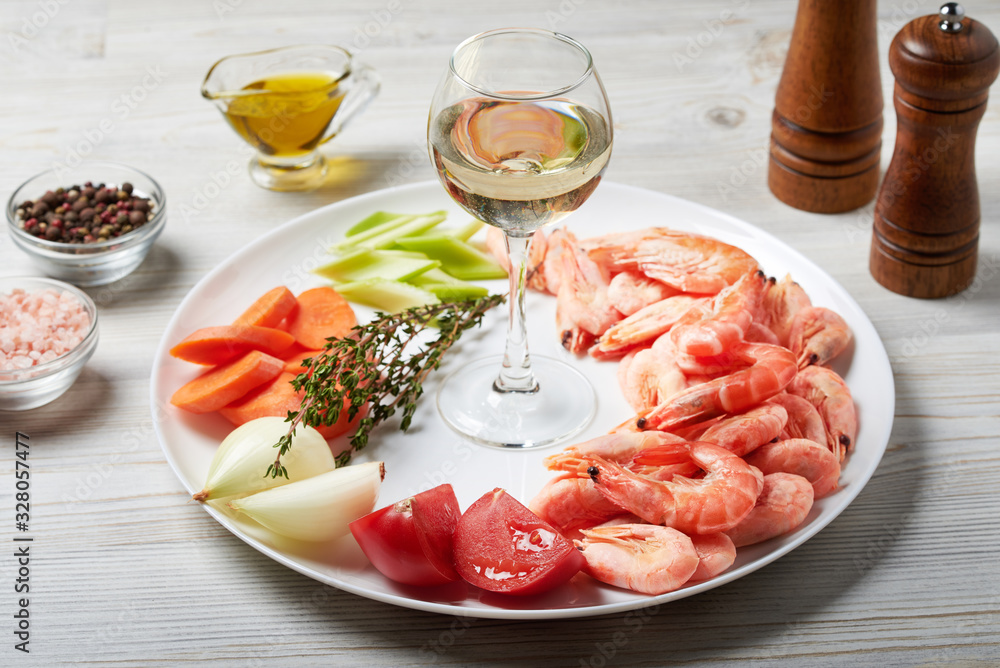 Ingredients for Shrimp Bisque Sauce. Shrimp, tomatoes, onions, carrots, celery, thyme, oil, salt, pepper, white wine. Ingredients for Shrimp Bisque Sauce. Shrimp, tomatoes, onions, carrots, celery, thyme, oil, salt, pepper, white wine.