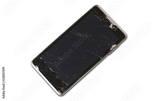 Phone with a broken screen on a white background. Isolated