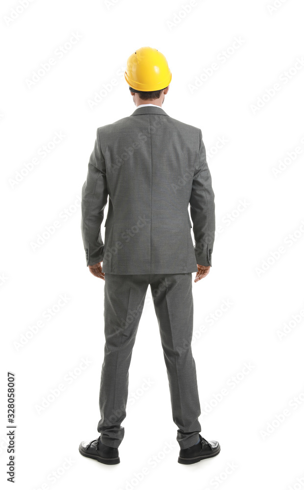 Male engineer on white background, back view Male engineer on white background, back view