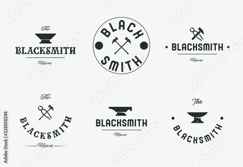 Blacksmith logo set with hammers, anvil, pliers. Forge workshop. Vector.