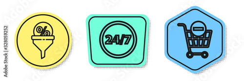 Set line Lead management, Clock 24 hours and Remove shopping cart. Colored shapes. Vector