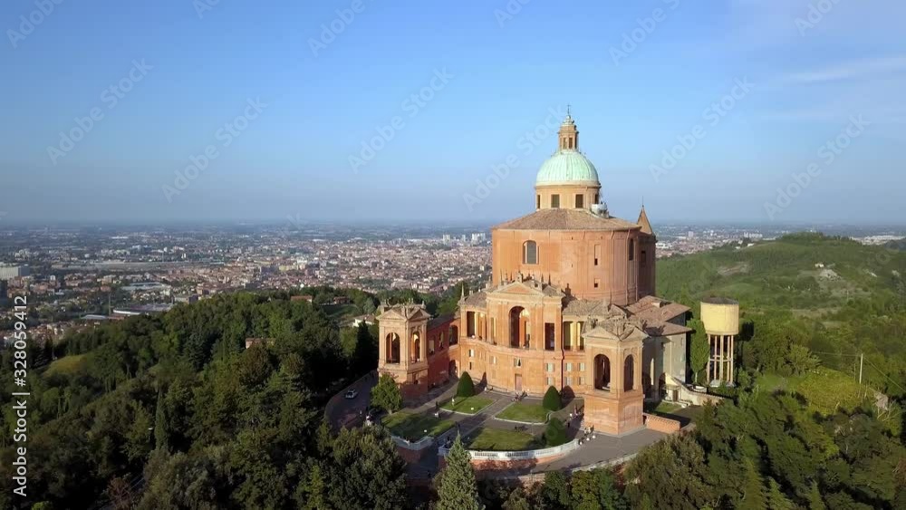 Front View of Sanctuary of Blessed Virgin of Saint Luke in Bologna Italy, Aerial pedestal lift with tilt Front View of Sanctuary of Blessed Virgin of Saint Luke in Bologna Italy, Aerial pedestal lift with tilt