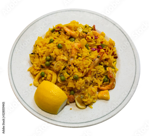 Plate of traditional spaish dish seafood paella, nobody photo