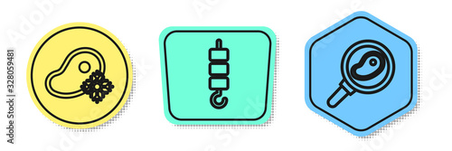 Set line Fresh frozen steak meat, Grilled shish kebab on skewer stick and Steak meat in frying pan. Colored shapes. Vector