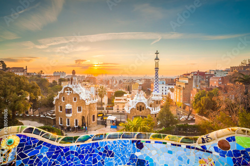 View of barcelone from the park at sunrise photo