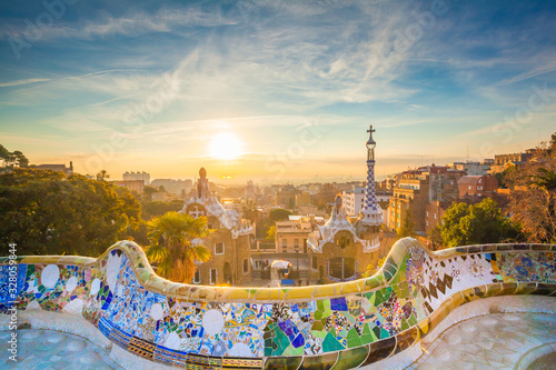 View of barcelone from the park at sunrise