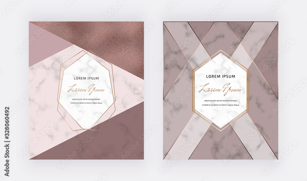 Geometric design with nude triangular shapes, polygonal frames and golden lines on the marble texture. Modern template for banner, card, flyer, invitation, brochure. Geometric design with nude triangular shapes, polygonal frames and golden lines on the marble texture. Modern template for banner, card, flyer, invitation, brochure.